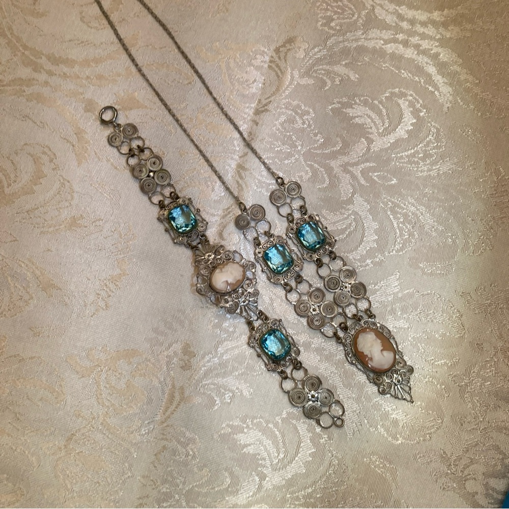 Vintage Silver and Blue Filigree Cameo Necklace & Bracelet set 1930’s - Picture 13 of 13